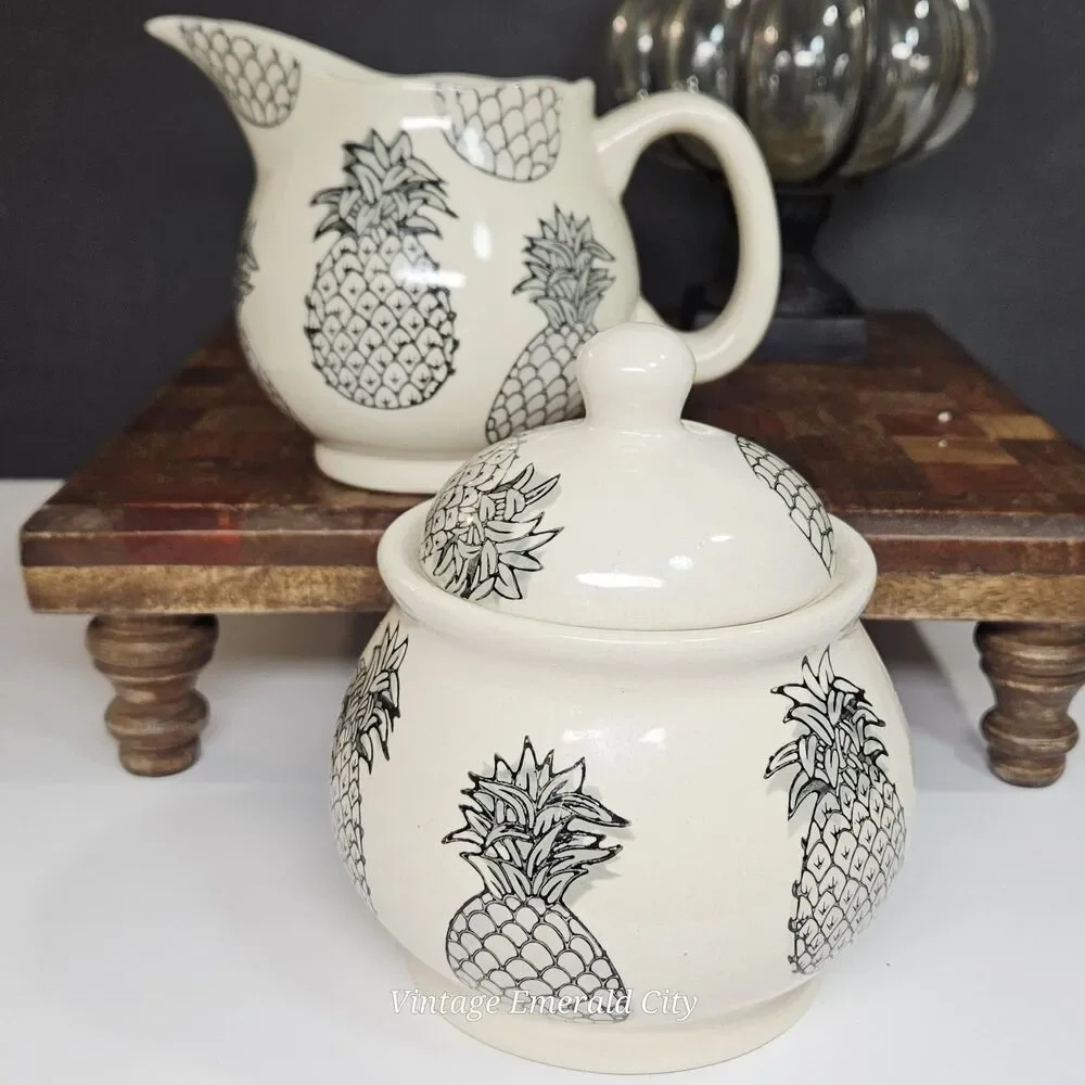 Vtg Signature Housewares Black Pineapples & White Lidded Sugar Bowl Dish Set / 2